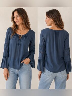 Lovestitch Navy Boho Bell Sleeve Tie Neck Blouse Size Medium